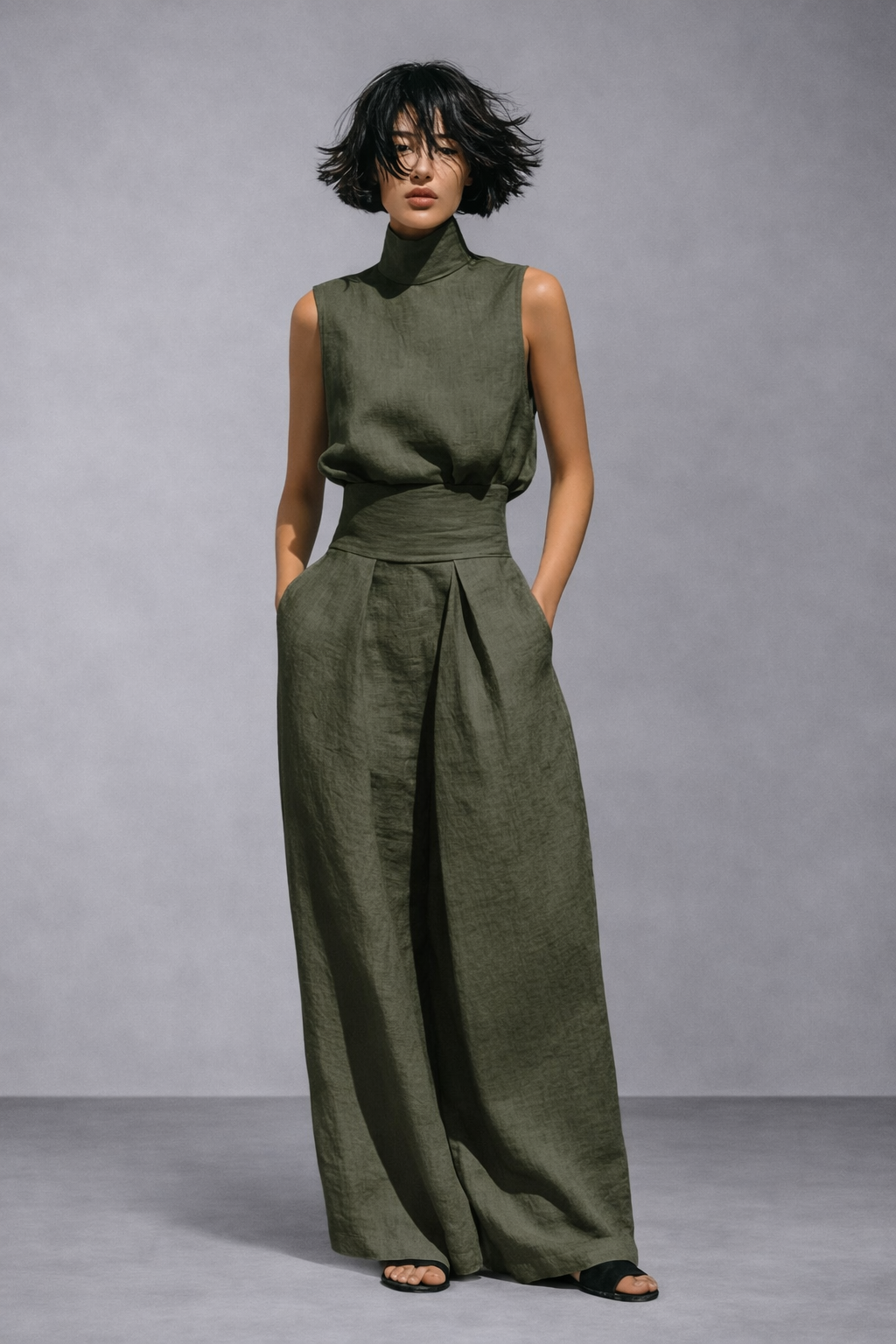 Conjunto minimalista de blusa sin mangas y pantalón ancho de lino y algodón para mujer