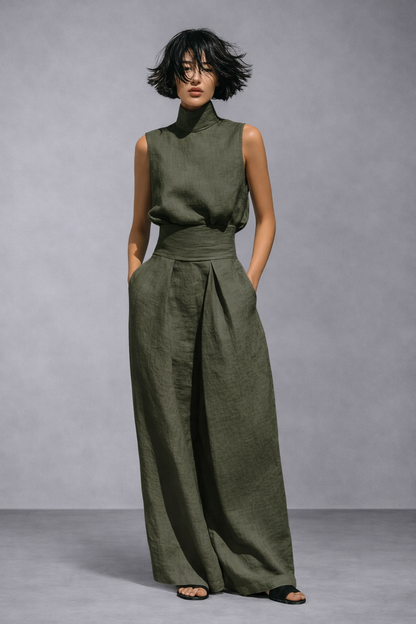 Conjunto minimalista de blusa sin mangas y pantalón ancho de lino y algodón para mujer