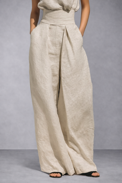 Conjunto minimalista de blusa sin mangas y pantalón ancho de lino y algodón para mujer