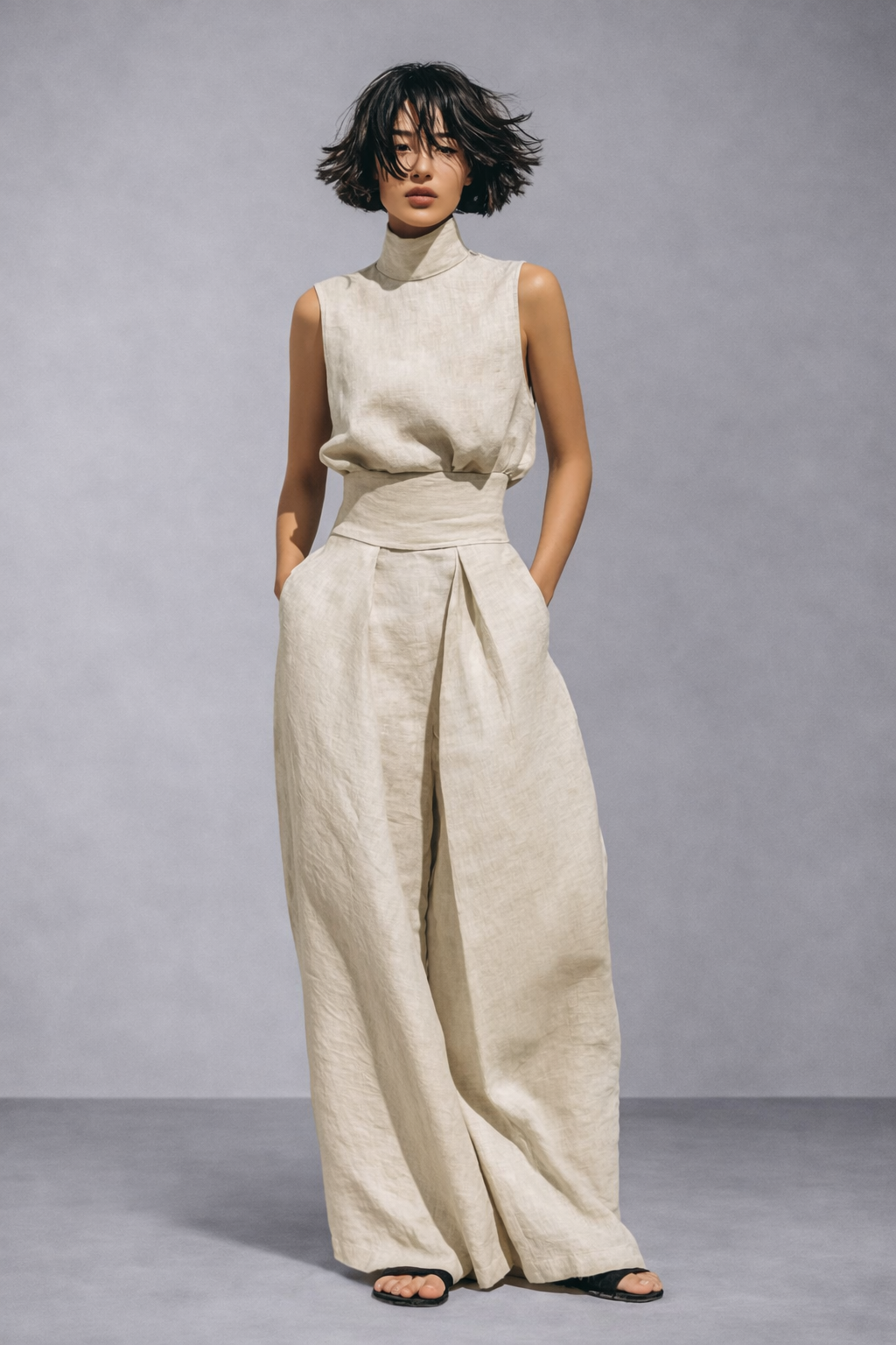 Conjunto minimalista de blusa sin mangas y pantalón ancho de lino y algodón para mujer