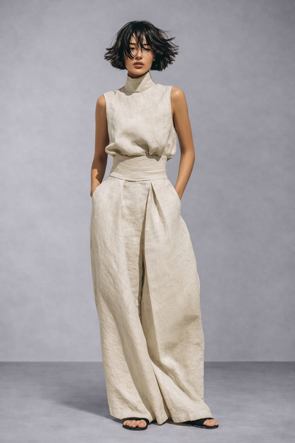 Conjunto minimalista de blusa sin mangas y pantalón ancho de lino y algodón para mujer