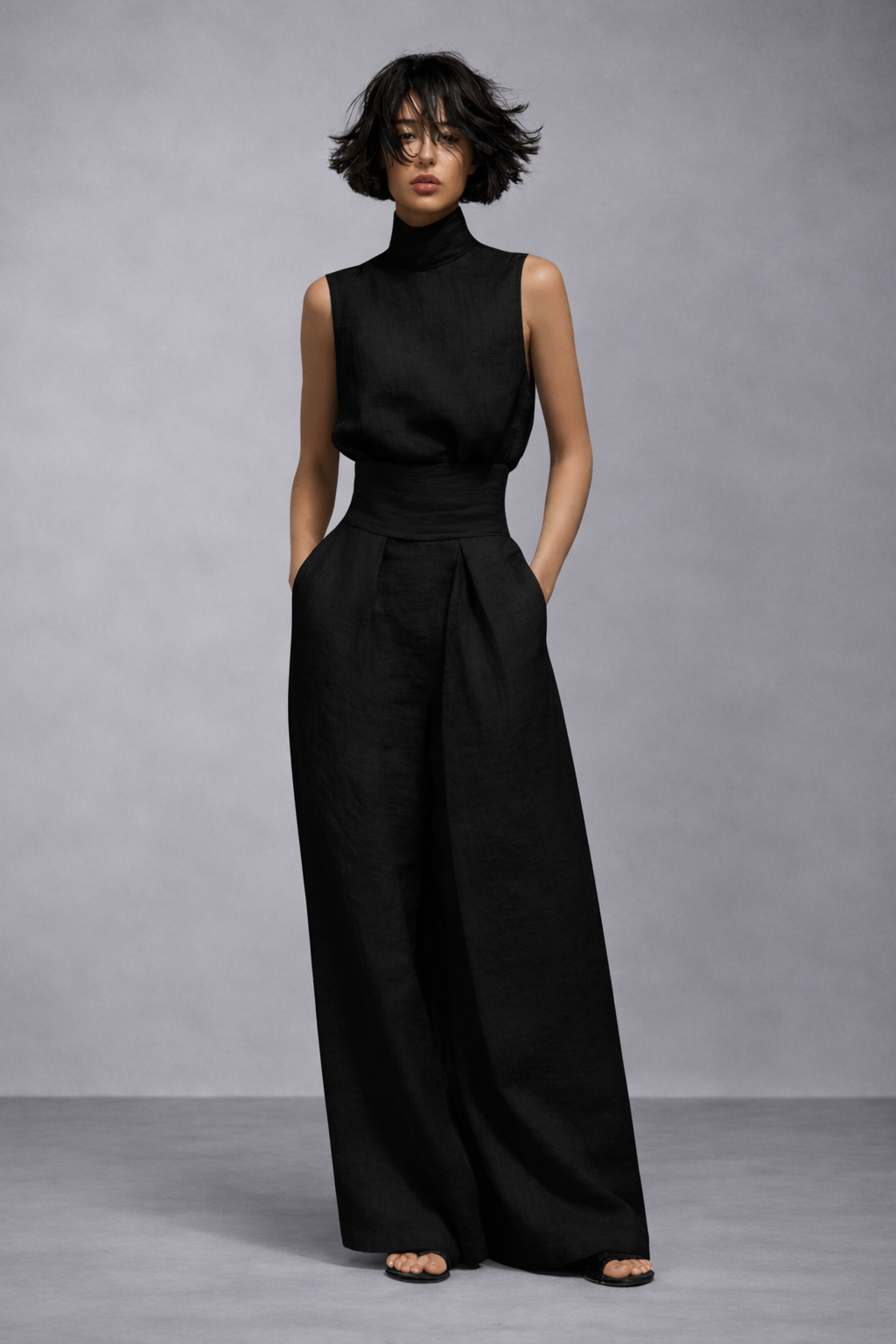 Conjunto minimalista de blusa sin mangas y pantalón ancho de lino y algodón para mujer