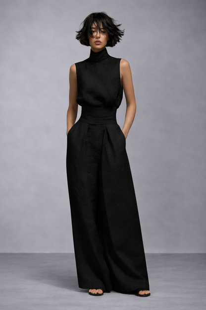 Conjunto minimalista de blusa sin mangas y pantalón ancho de lino y algodón para mujer