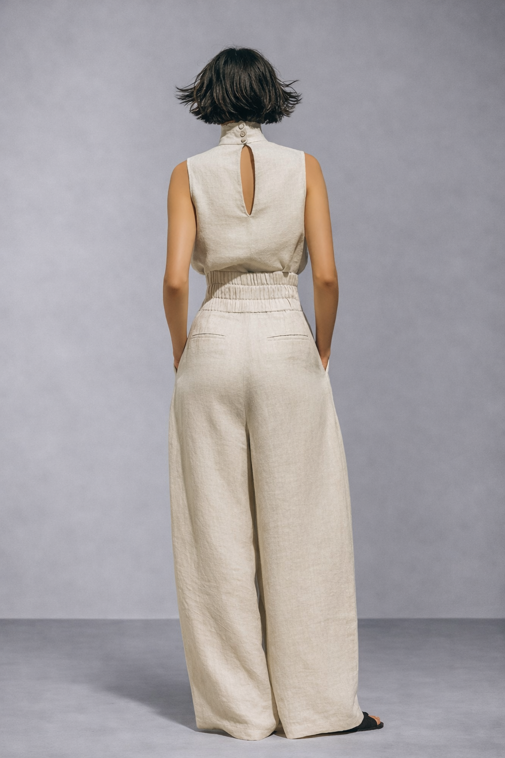 Conjunto minimalista de blusa sin mangas y pantalón ancho de lino y algodón para mujer