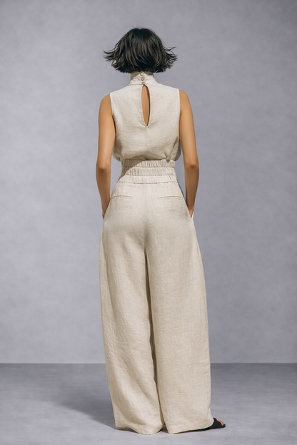 Conjunto minimalista de blusa sin mangas y pantalón ancho de lino y algodón para mujer