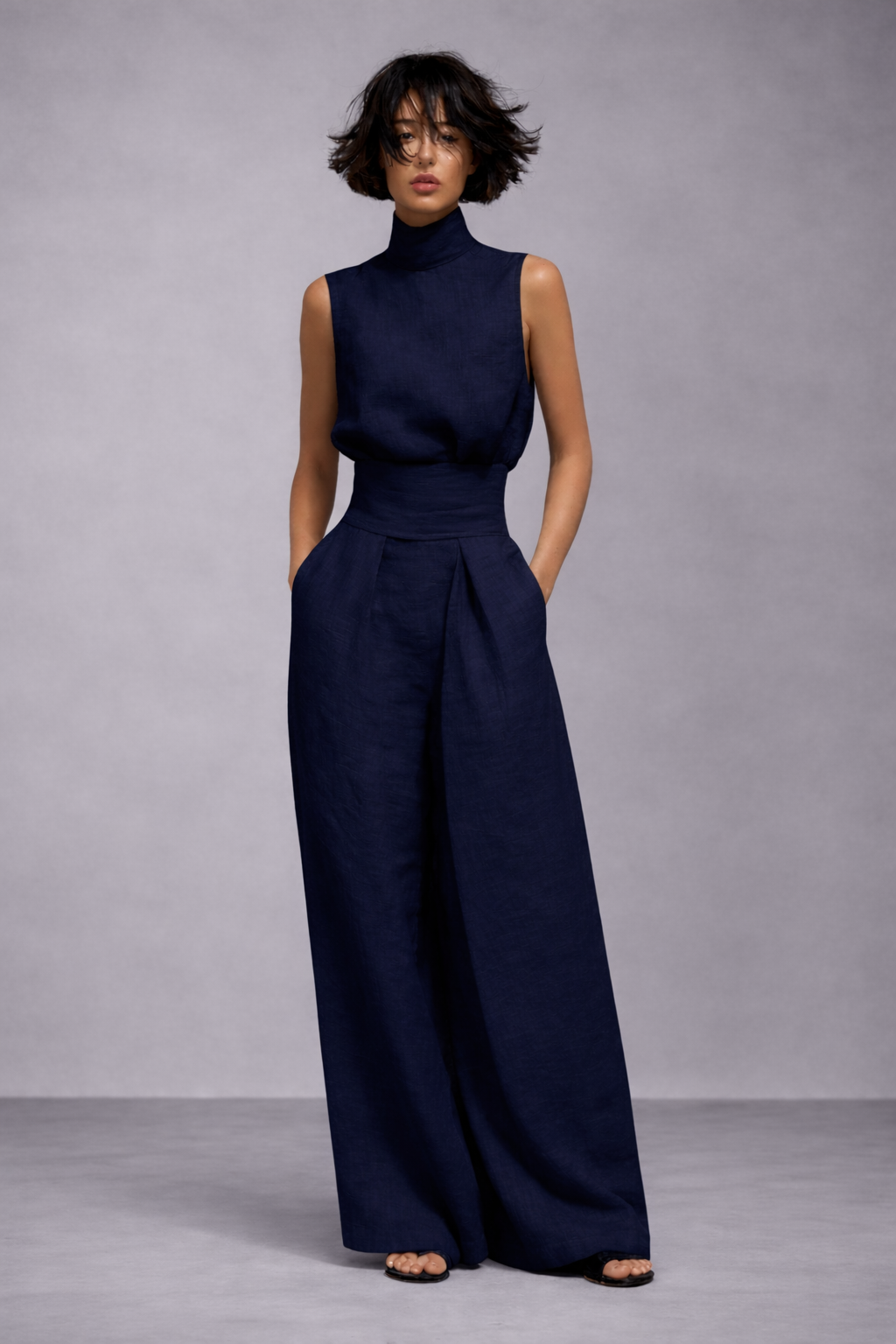 Conjunto minimalista de blusa sin mangas y pantalón ancho de lino y algodón para mujer