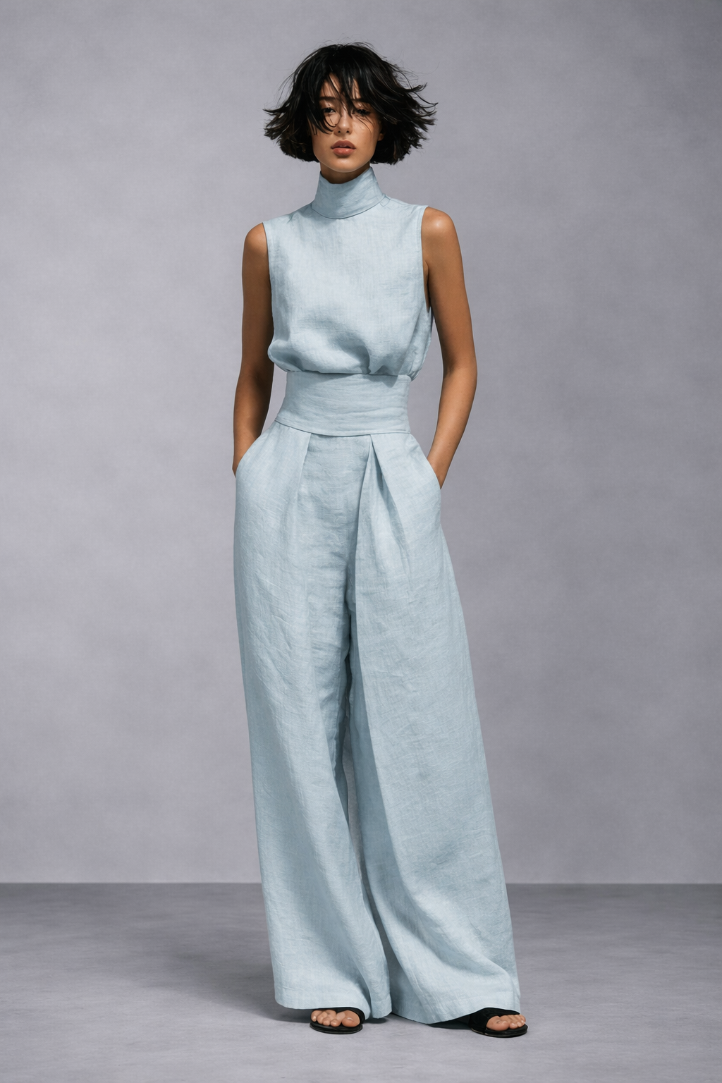 Conjunto minimalista de blusa sin mangas y pantalón ancho de lino y algodón para mujer