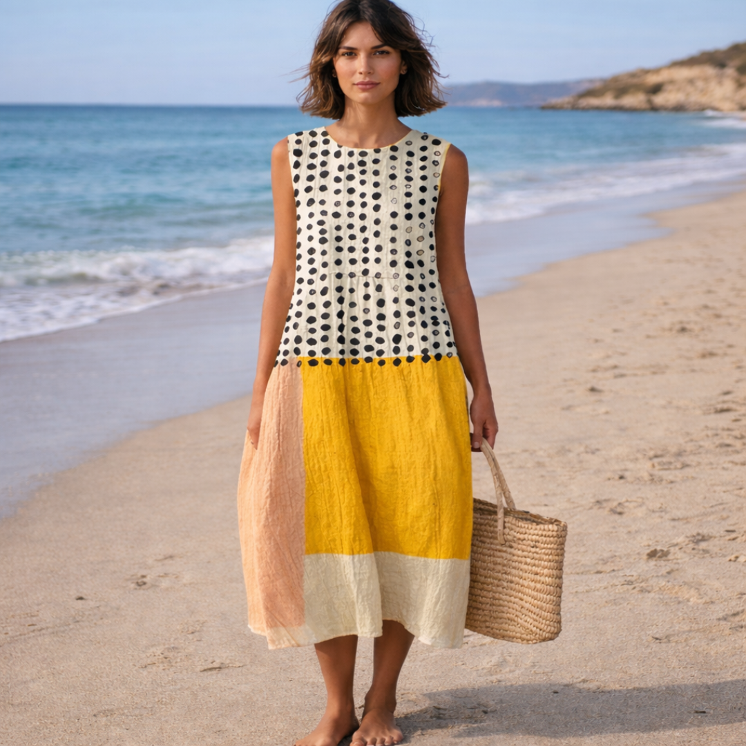Leah | Vestido midi con lunares y bloques de color