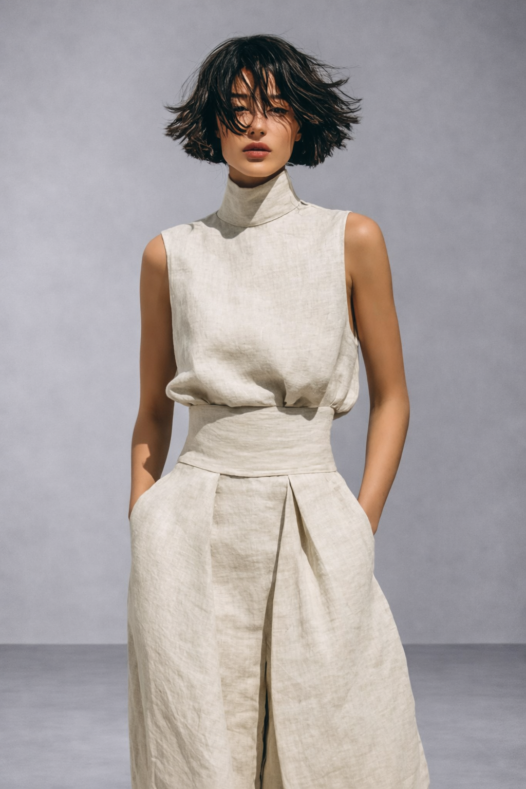 Conjunto minimalista de blusa sin mangas y pantalón ancho de lino y algodón para mujer