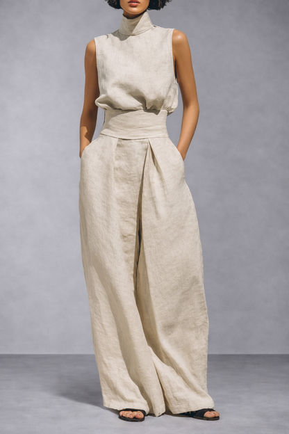 Conjunto minimalista de blusa sin mangas y pantalón ancho de lino y algodón para mujer