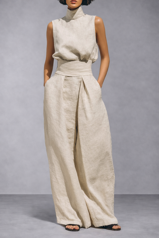 Conjunto minimalista de blusa sin mangas y pantalón ancho de lino y algodón para mujer