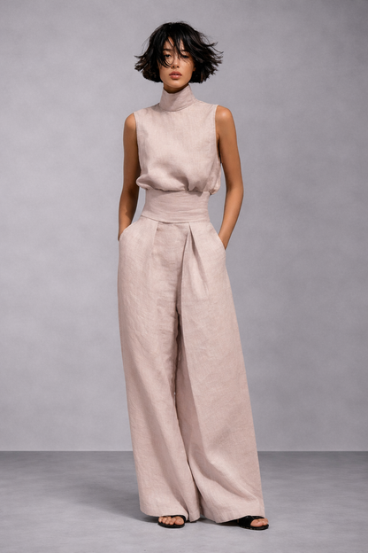 Conjunto minimalista de blusa sin mangas y pantalón ancho de lino y algodón para mujer