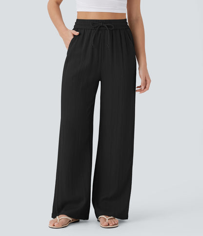 Pantalones Casuales de Cintura Alta in Cordón y Bolsillos, Estilo Lino, Pierna Ancha