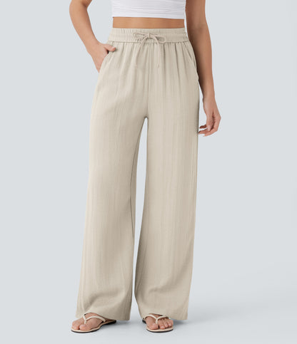 Pantalones Casuales de Cintura Alta in Cordón y Bolsillos, Estilo Lino, Pierna Ancha
