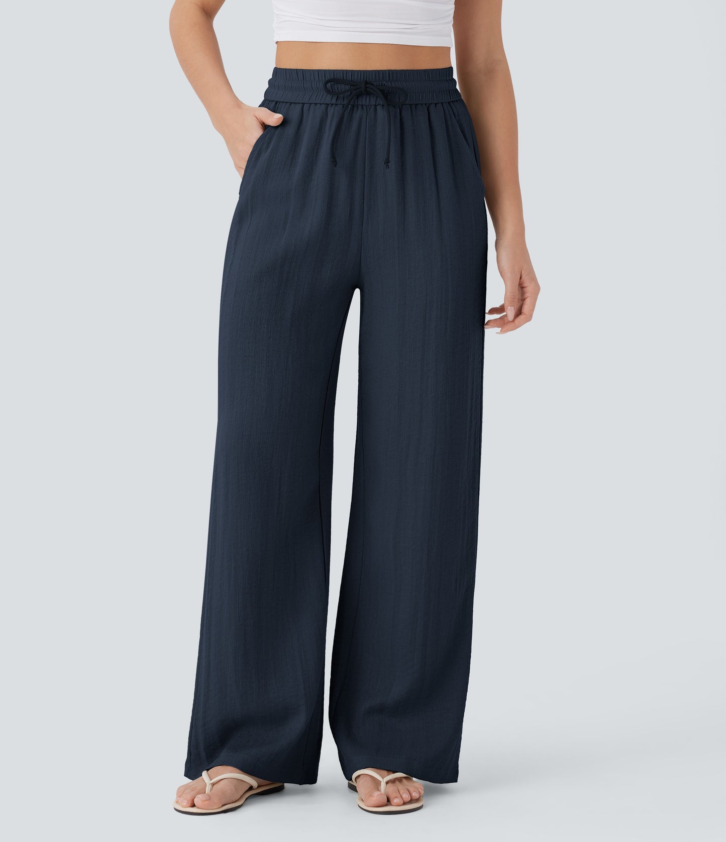 Pantalones Casuales de Cintura Alta in Cordón y Bolsillos, Estilo Lino, Pierna Ancha