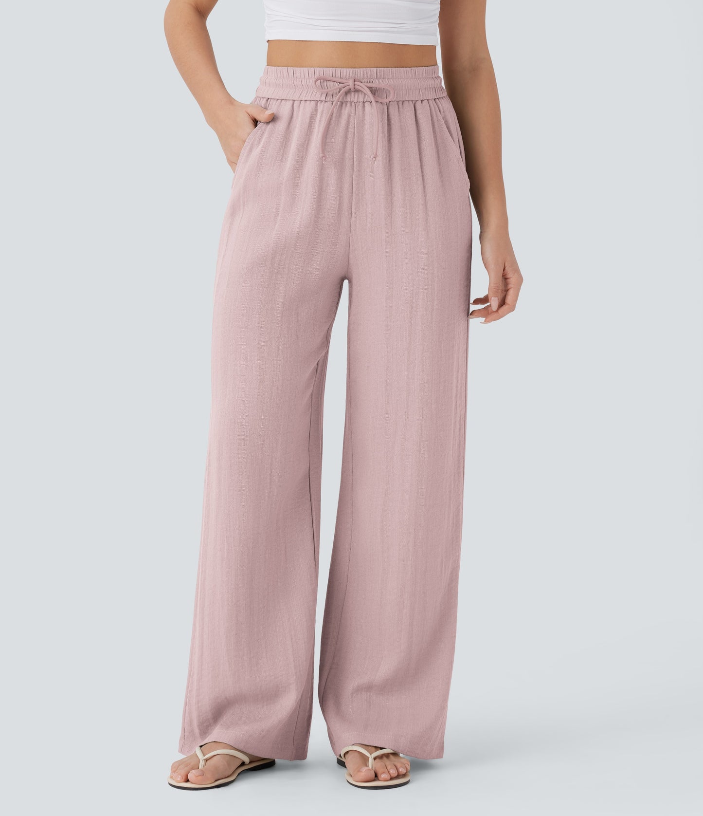 Pantalones Casuales de Cintura Alta in Cordón y Bolsillos, Estilo Lino, Pierna Ancha