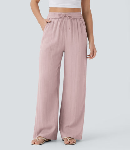Pantalones Casuales de Cintura Alta in Cordón y Bolsillos, Estilo Lino, Pierna Ancha