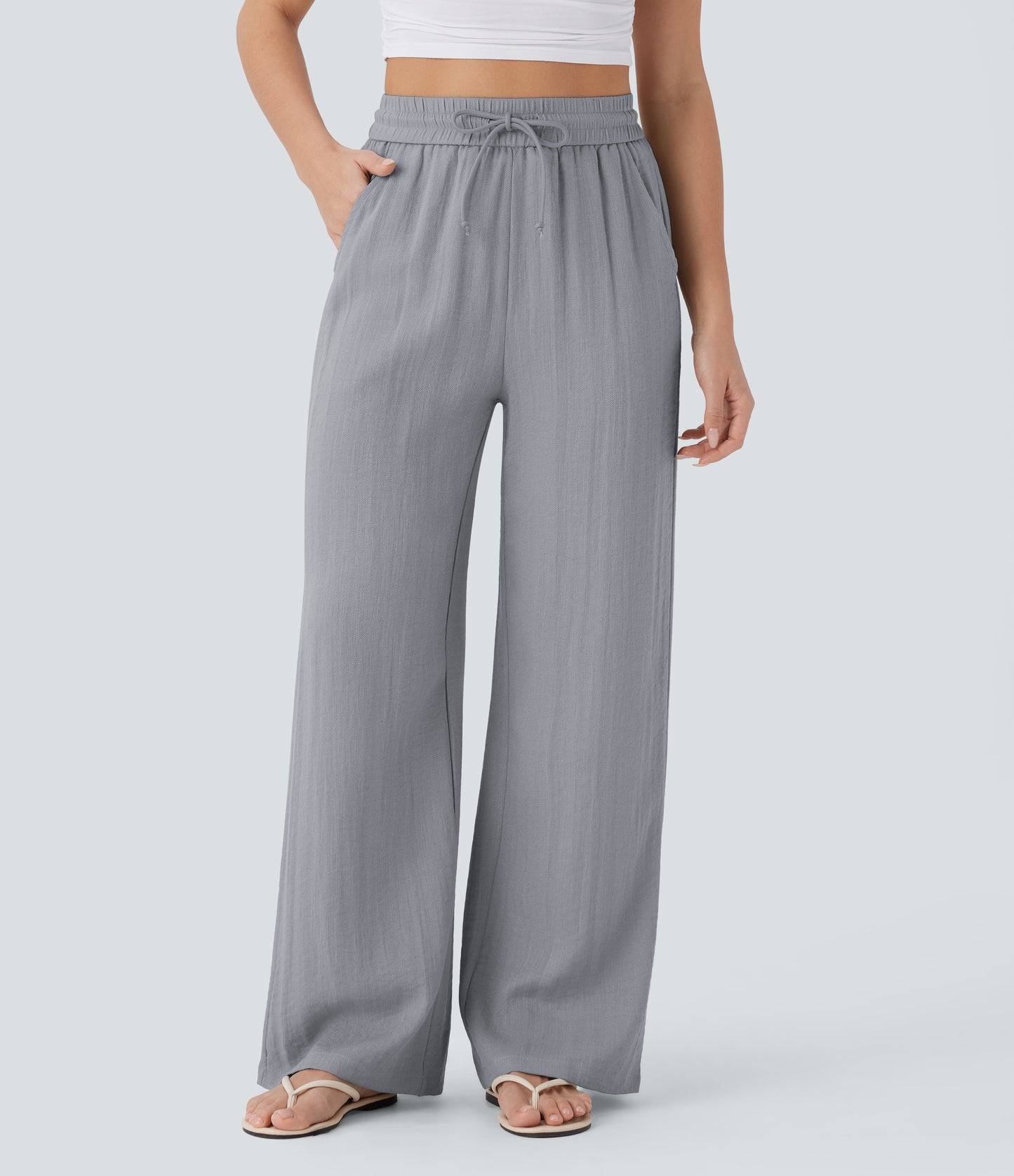 Pantalones Casuales de Cintura Alta in Cordón y Bolsillos, Estilo Lino, Pierna Ancha