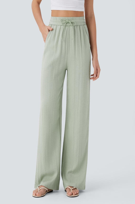 Pantalones Casuales de Cintura Alta in Cordón y Bolsillos, Estilo Lino, Pierna Ancha
